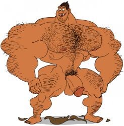 the_croods remert 2016 grug_crood muscular bara 1boy solo gay yaoi simple_background white_background penis balls nipples brown_hair hairy male male_only torn_clothes pubic_hair