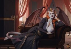 ai_generated elledoesai self_upload mizora baldur's_gate_3 reclining partially_clothed one_breast_out cupping_breast subtle_smile horns devil_tail devil_wings blue_dress blue-grey_skin orange_eyes red_eyes orange_hair gold_jewelry
