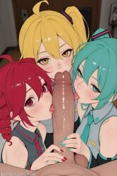 1boy 2d 2d_(artwork) 2d_animation 3girls ahoge ai ai_art ai_generated akita_neru animated animation aqua_eyes aqua_hair aqua_nails aqua_necktie bare_shoulders blonde_hair blurry_background blush collared_shirt cooperative_fellatio detached_sleeves drill_hair erection fellatio grey_shirt group_sex hair_between_eyes harem hatsune_miku huge_cock indoors kasane_teto large_penis licking licking_penis long_hair looking_at_viewer multiple_girls nail_polish necktie open_mouth oral penis penis_grab pov red_eyes red_hair red_nails shirt side_ponytail sleeveless sleeveless_shirt straight tagme testicles tongue tongue_out twintails uncensored veins veiny_penis video vocaloid web_address xxai yellow_eyes