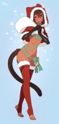 blue_background blue_eyes blush brown_hair cat_boy christmas commentary commission dark-skinned_femboy dark-skinned_male dark-skinned_sissy dark-skinned_twink dark_skin english_commentary fangs feet femboy flaccid foreskin full_body hair_between_eyes highres holding holding_sack legs looking_at_viewer male_focus matemi navel one_eye_closed open_mouth original oskar_(coffee.png) penis red_thighhighs sack short_hair simple_background solo stomach teeth testicles thighhighs thighs toes tongue upper_teeth_only
