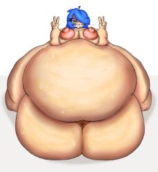 2d 2d_(artwork) 2d_artwork belly_button belly_expansion belly_focus belly_inflation belly_overhang big_areola big_ass big_belly big_boobs big_breasts big_butt big_nipples big_thighs blue_hair female female_only girl huge_belly hyper hyper_ass hyper_belly immobile inflation light_skin obese obese_female ocinico orange_hair overweight overweight_female peace_sign puffy_areola puffy_nipples request self_upload sharp_teeth skarp_world skarpne_(skarp_world) smug solo solo_female solo_focus spiky_teeth sweat sweatdrop white_background