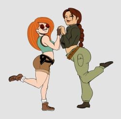 alternate_body_type american_female british_female brown_hair disney disney_channel friends ginger ginger_female ginger_hair happy height_difference kim_possible kimberly_ann_possible kseg3501 kseg507 lara_croft lara_croft_(classic) looking_at_viewer outfit_swap pawg pawg_build posing posing_for_the_viewer simple_background sunglasses teenager tinted_eyewear tomb_raider tomb_raider_(classic) two-tone_lips