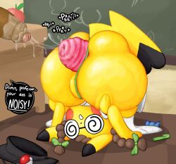 absurd_res accessory after_anal anal_fluids anal_prolapse anthro anus apple bangs bent_over big_butt biped bodily_fluids bow_ribbon braided_hair braided_pigtails brown_hair butt butt_squish chalkboard classroom clothed clothing clothing_aside coat cosplay_pikachu_(costume) dialogue digital_media_(artwork) dirty_talk disembodied_penis erection eyewear fart female food foreskin fruit generation_1_pokemon genital_fluids genitals glasses glasses_askew graduation_cap hair hair_accessory hair_bow hair_ribbon hi_res huge_butt humanoid_genitalia humanoid_penis looking_through looking_through_legs male male/female nerd nintendo partially_clothed partially_retracted_foreskin penis pikachu pikachu_ph._d pincoosh plant pokeball pokemon pokemon_(species) precum precum_string prolapse ribbons school signature solo_focus sound_effects speech_bubble spiral_glasses squish tail talking_to_another teacher thong thong_aside topwear underwear underwear_aside vowelless vowelless_sound_effect vulva wearing_glasses yellow_body