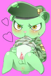 <3 anthro bear blush blushing camouflage fjnm000 flippy flippy_(htf) furry green_body green_fur happy_tree_friends male_only mondo_media shirt_in_mouth shirt_lift solo tagme