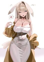 1girls absurdres animal_ears breasts brown_coat brown_hair cleavage coat coat_partially_removed commentary_request covered_navel dress droopy_ears earrings heart heart_necklace highres jewelry korean_commentary large_breasts long_hair mature_female mole mole_on_breast mole_under_mouth necklace no_symbol open_mouth pazzimo peakychu personification pikachu pinching_gesture pokemon pokemon_pokopia sleeveless sleeveless_dress solo speech_bubble spoken_no_symbol strapless strapless_dress tail usuchu white_dress
