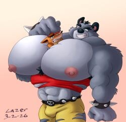 voyagersscrapbook koala koala_kong marsupial bandicoot anthro furry furry_only 2boys 2026 dated bulge yellow_pants torn_clothes clenched_teeth spiked_bracelet spiked_belt simple_background nipples moobs muscular bara big_pecs green_eyes size_difference crash_(series) male male_only gay yaoi