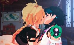 2boys aether_(genshin_impact) blonde_hair blowjob censored genshin_impact hoyoverse kissing koikatsu male mihoyo preview seducing teal_hair xiao_(genshin_impact) yaoi