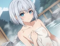 ai_generated bath bathhouse blue_eyes date_a_live hot_spring hourglass_figured_female nearly_nude neck_length_hair sideboob steam sweat sweatdrop thin_waist tobiichi_origami towel_covering_breasts towel_covering_crotch towel_only wet_body wet_towel white_hair