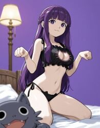 brokewyt ai_generated ai-generated uncensored fern_(sousou_no_frieren) sousou_no_frieren 1girl solo long_hair breasts looking_at_viewer smile bangs navel cleavage bare_shoulders medium_breasts sitting very_long_hair closed_mouth underwear purple_eyes collarbone panties purple_hair sidelocks thighs frills indoors blunt_bangs stomach bra blurry pillow hands_up black_panties bare_arms clothing_cutout kneeling bed :3 depth_of_field bed_sheet on_bed cleavage_cutout cat underwear_only black_bra side-tie_panties bright_pupils purple_background white_pupils paw_pose blurry_foreground meme_attire lamp frilled_bra cat_cutout cat_lingerie cat_ear_panties