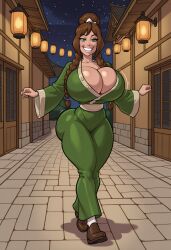 jin_(avatar) avatar_the_last_airbender 1girl long_eyelashes low_cut_dress tight_dress thick_thighs wide_hips nearby city night seductive_smile smiling green_eyes brown_hair plump_lips lantern light cleavage streets heavy_makeup oiled_skin glossy_skin shiny_skin bimbo huge_breasts massive_breasts ai_generated spizcyai romantic