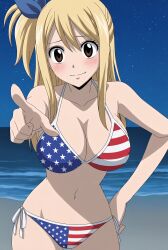 1girls female female_only female_focus solo looking_at_viewer bikini american_flag_bikini blonde_hair blonde blonde_female lucy_heartfilia fairy_tail fairy_tail_100_years_quest narrow_waist wide_hips curvy curvaceous curvaceous_figure curvaceous_female brown_eyes side_ponytail pointing pointing_at_viewer hair_tie blue_hair_tie beach night nighttime night_sky tagme ai_generated hires hi_high high_resolution blush blushing blushing_female blushing_at_viewer smiling smiling_at_viewer smiling_female stars ocean water beachside american_flag_print