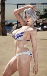 3d athletic athletic_female beach big_breasts blue_eyes breasts busty christie_(doa) darts77 dead_or_alive female female_focus female_only hourglass_figure large_breasts outdoors outside pinup pinup_pose shoulder_length_hair silver_hair tagme wide_hips