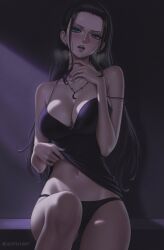 1girl 1girls adorable artist_signature belly belly_button big_breasts black_hair blue_eyes blush collarbone earrings ears eyebrows eyelashes female female_focus female_only hands high_resolution highres hoenoart lifting_shirt long_hair looking_at_viewer makeup mommy nail_polish navel necklace nico_robin no_bra one_piece panties pelvic_curtain purple_nails sexy sexy_body sexy_female sexy_pose shirt shoulders sitting sitting_on_bed steamy_breath straight_hair strap_slip thighs tummy