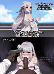 ai_generated ai_assisted nay_juno 1girl1boy 1girl 1girls 1boy1girl 1boy dark-skinned_male dark_skin english_text text cuckolding cuckold cheating netorare ntr sexy_pose sexy violation kidnapping kidnapped kidnapped_girl kidnapped_female kidnap forced_sex forced raped_girl raped_by_enemy raped_female rape inminent_rape inminent_sex about_to_have_sex about_to_be_raped emilia_(re:zero) re:zero_kara_hajimeru_isekai_seikatsu long_hair breasts looking_at_viewer smile blush long_sleeves large_breasts holding hair_ornament dress very_long_hair bare_shoulders medium_breasts purple_eyes grey_hair braid flower weapon outdoors teeth hetero comic sky pointy_ears penis solo_focus day cloud holding_weapon hair_flower wide_sleeves grin blue_sky clothing_cutout gun pubic_hair uncensored pov rose ocean white_flower erection oral elf holding_gun fellatio male_pubic_hair handgun 2koma large_penis interracial aiming evil_grin instant_loss dark_penis gun_to_head at_gunpoint threatening