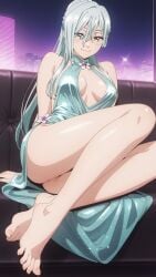 1girl, 4k 8k ai_generated anime background, backless, beautiful between body, bodycon breasts, cocktail content, couch, detailed detailed, down, dress, elegant explicit eyes, fabric, feet, female, fit, foot, glossy green grey hair hair, heels, hem high highly hoshina_subaru kaoru_hana_wa_rin_to_saku legs legs, lighting, lips, long masterpiece, mature neckline, nightclub nsfw, on party, perfect plunging polished, ponytail, pose, quality, resolution, rooftop screencap, seductive sequins, sexy short showing small smile, solo, sparkling style, thighs, tight toenails toenails, toes, vibrant white