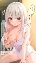 1girl apron apron_pull bare_arms blush breasts brown_eyes cleavage closed_mouth clothes_pull commentary_request eyes_visible_through_hair frilled_apron frills grabbing_another's_breast groping guided_breast_grab guiding_hand highres indoors invisible_man large_breasts light_smile long_hair looking_at_viewer motherly-chan_(ramchi) motion_lines naked_apron original raised_inner_eyebrows ramchi sleeveless small_sweatdrop speech_bubble spoken_blush sweat swept_bangs thighs translation_request white_apron white_hair