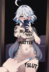 1girl ahoge ai_assisted ai_generated arm_tattoo blacked blacked_asian blacked_female blacked_tattoo blue_eyes blue_hair blue_nails blush brand_name_imitation breasts cellphone collarbone completely_nude covered_mouth covering_crotch covering_nipples covering_own_mouth covering_privates english_text eyelash_ornament female_pov furina_(genshin_impact) genshin_impact groin hair_between_eyes hair_intakes hand_up heterochromia holding holding_phone leg_tattoo long_hair medium_breasts meme mirror mirror_selfie multicolored_hair nail_polish navel nay_juno nude one_finger_selfie_challenge one_finger_selfie_challenge_(meme) phone phone_over_face pov reflection reflection_focus selfie smartphone solo solo_focus stomach stomach_tattoo streaked_hair tattoo tattoos two-tone_hair white_hair