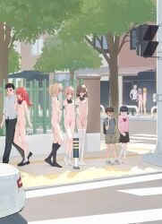 3boys 6+girls absurdres bare_arms bare_legs bare_shoulders black_bow black_bowtie black_hair black_pants black_skirt black_thighhighs blonde_hair bob_cut bollard bow bowtie breasts brown_hair building car city clothed_male_nude_female collarbone crosswalk day duplicate exhibitionism fence flat_chest frilled_socks frills full_body grey_shirt groin highres jacket loafers long_hair medium_hair motor_vehicle multiple_boys multiple_girls navel nipples nude original outdoors pants pink_hair pink_jacket public_indecency public_nudity purple_eyes red_eyes red_hair road scenery shirt shoes short_hair shorts sidewalk skirt small_breasts sneakers socks standing straight-on street t-shirt thighhighs traffic_light tree walking white_socks white_thighhighs wide_shot xiao_lin_jiu