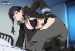 1girl breasts black_hair grey_pants solo gloves twintails bikini swimsuit pants hip_vent coat looking_at_viewer large_breasts open_coat open_clothes black_footwear cleavage black_coat black_bikini patreon_username indoors baggy_pants navel ass on_bed bed black_gloves all_fours long_sleeves hand_on_own_hip orange_eyes smile boots long_hair yellow_eyes web_address blush closed_mouth ai_generated anime anime_style hentai hi_res mystic_maidens patreon kotatsu_tamaki tamaki_kotatsu fire_force enen_no_shouboutai en'en_no_shouboutai