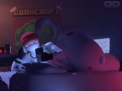 3d_(artwork) alarm_clock anthro anxiboi apartment ball_stretcher beanie bed benny_(anxiboi) beverage_can big_butt blender_(artwork) blender_eevee_(artwork) bottom_heavy butt candy chain_necklace charlie_(yamwamm) clock clothing creeper_(minecraft) dessert digital_media_(artwork) dust electronics felid feline fingerless_gloves food food_creature footwear furgonomic_piercing furgonomics furniture garrett_(yamwamm) gloves handwear hat headgear headwear hi_res holding_object holding_phone huge_butt hyper hyper_butt jawbreaker jewelry living_candy lying lying_on_bed male male/male mammal mattress microsoft minecraft mojang multicolored_body multicolored_eyes necklace night on_bed on_side pecs phone piercing pillow poster socks solo solo_focus static sticker table tail tail_piercing television thick_thighs watermark white_body wide_hips xbox_game_studios
