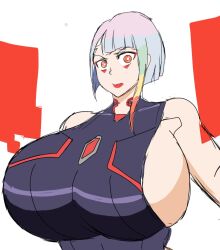 cyberpunk:_edgerunners lucyna_kushinada solo solo_focus solo_female big_breasts large_breasts breasts breasts_bigger_than_head alternate_breast_size sideboob white_hair white_hair_female short_hair short_hair_female red_eyes red_eyes_female red_lips upper_body upper_body_focus momiji_(artist) 1girls