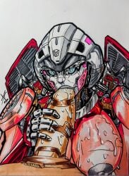 ventis2099_(artist) transformers transformers_rise_of_the_beasts arcee arcee_(rotb) robot robot_girl robot_humanoid blue_eyes big_breasts breasts nipples fellatio sucking_penis blowjob grey_nipples grey_lips