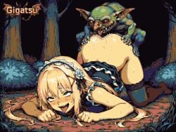 ahe_gao ahegao ai_assisted ai_generated animated animation aseprite_(artwork) doggy_style from_behind gif gigatsu goblin goblin_male implied_sex interspecies limited_palette maid maid_headdress maid_uniform monster monster_on_female no_panties pixel_animation pixel_art twitching