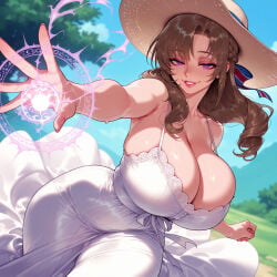 1girl clothing female mature breasts brown_hair dress cleavage hat mature_female solo huge_breasts headwear white_dress curvaceous outdoors female_only purple_eyes smile bangs long_hair sun_hat jewelry looking_at_viewer bare_shoulders milf blurry_background braid day magic_circle sky thighs curvy blue_sky large_breasts magic ribbon thick_thighs lips blush parted_lips sundress cloud sweat tree collarbone energy_ball grin hair_ribbon outstretched_arm makeup sleeveless parted_bangs casting_spell skindentation veiny_breasts 1girls ai_generated voluptuous_female voluptuous curvaceous_figure curvaceous_female curvy_figure female_focus tsuujou_kougeki_ga_zentai_kougeki_de_ni-kai_kougeki_no_okaasan_wa_suki_desu_ka? balecxi oosuki_mamako wide_hips inviting inviting_to_sex seductive seductive_look seductive_smile presenting presenting_hindquarters presenting_ass presenting_self presenting_breasts