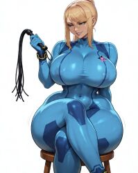 ai_generated arrogant arrogant_female blonde_female blonde_hair bodysuit bounty_hunter confident crossed_feet crossed_legs crossed_legs_(sitting) flogger holding_flogger holding_whip huge_breasts interview nipples nipples_visible nipples_visible_through_clothing perfect_body perfect_legs samus_aran simple_background sitting skintight skintight_bodysuit smug smug_expression smug_face smug_grin smug_smile stool whip white_background wide_hips wide_thighs wooden_stool zero_suit_samus
