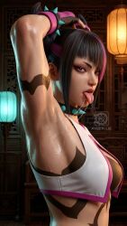 ai ai_generated arm_up armpits aveen_lie capcom chinese_architecture close-up high_res high_resolution indoors juri_han lantern looking_at_viewer saliva saliva_on_tongue street_fighter street_fighter_6 sweaty sweaty_body sweaty_skin tongue_out tongue_webbing underarm