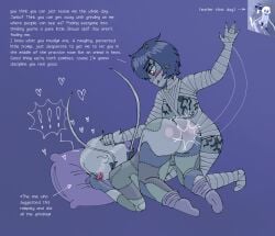ass_focus ass_up bandages breasts_out crocodilianbooty dialogue dirty_talk english_text exclamation_point face_in_pillow floating_hearts grabbing_hair grinding_through_clothes konno_junko lichtenberg_figure mizuno_ai naked patchwork_skin simple_background socks_only spanking twintails_(hairstyle) yuri zombie zombie_girl zombie_land_saga