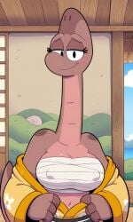 original brandi_(jurassiczalar) brandi_brachiosaurus brachiosaurus dinosaur dinosaur_girl ai_generated ai ai_art ai-created pixai big_breasts voluptuous voluptuous_female cute looking_at_viewer kimono east_asian_architecture east_asian_clothing sarashi white_panties tagme undressing undressing_self self_upload anthro anthro_female covered_nipples jurassiczalar