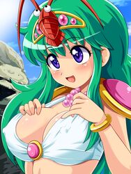 1girls bikini bikkuriman blush bracelet breasts cleavage erect_nipples eyebrows_visible_through_hair female female_only green_hair headgear human jewelry konpeto large_breasts long_hair necklace nipple_bulge nipples open_mouth purple_eyes shiny shiny_hair shiny_skin shurin_puu smile solo swimsuit