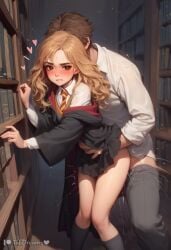 ai_generated talidreams 1girl 1boy hetero couple indoors library bookshelf standing from_behind against_wall pinned body_contact close_up upper_body perspective foreshortening dynamic_pose intimate teasing dominant dominant_male submissive submissive_female blush heavy_blush flushed_face embarrassed shy nervous open_mouth parted_lips looking_away looking_at_viewer long_hair blonde_hair brown_hair school_uniform robe tie gryffindor striped_tie thighhighs skirt lifted_clothes disheveled clothing hands_on_body grabbing waist holding restrained posture leaning forward bent_over warm_lighting soft_lighting depth_of_field high_detail hermione_granger student student_and_teacher college college_student witch witch_(harry_potter) harry_potter skirt_pull skirt_up socks standing_sex standing_doggy_style standing_position standing_doggystyle doggy_style doggystyle doggy_position doggy_style_position doggystyle_position doggy_style_sex vaginal_penetration vaginal vaginal_sex forced forced_orgasm forced_sex orgasm orgasm_face orgasm_denial orgasm_from_vaginal quickie sex penetration penetration_from_behind half-dressed