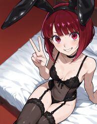 brokewyt ai_generated ai-generated uncensored arima_kana oshi_no_ko 1girl solo breasts looking_at_viewer blush smile short_hair bangs red_eyes thighhighs animal_ears cleavage medium_breasts sitting underwear collarbone red_hair sweat teeth choker black_thighhighs bra rabbit_ears grin leotard v bed fake_animal_ears on_bed garter_straps black_choker playboy_bunny lingerie