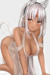 1girls 2020 absurdres all_fours animal_ears azur_lane bangs bare_shoulders blush breasts cat_ears cat_tail center_opening cleavage dark-skinned_female dark_skin dress efuri_(riarea00) facial_mark fake_animal_ears fake_tail female female female_focus female_only forehead_mark halter_dress halterneck highres jewelry large_breasts long_hair looking_at_viewer massachusetts_(azur_lane) massachusetts_(dressed_to_impress)_(azur_lane) native_american see-through sleeveless sleeveless_dress solo solo_female solo_focus tail thighlet white_dress white_hair