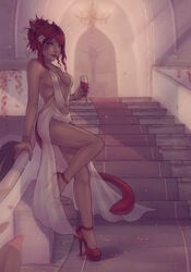 1girls 2017 alcohol allyha_kiade animal_ears bare_arms bare_legs bare_shoulders blue_eyes bracelet breasts cat_ears cat_tail chandelier cleavage closed_mouth collarbone dark-skinned_female dark_skin drinking_glass facial_mark feet female final_fantasy final_fantasy_xiv flower full_body hair_flower hair_ornament hair_ribbon high_heels holding_drinking_glass indoors jewelry leg_up looking_at_viewer medium_breasts miqo'te nail_polish navel petals red_hair red_lips red_nails revealing_clothes ribbon see-through shoes short_hair sideboob slit_pupils smile solo soranamae standing tail toeless_footwear toes wavy_hair whisker_markings white_ribbon wine wine_glass