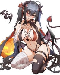 1girls azur_lane blush breasts female female_only hair_between_eyes hair_ornament hair_ribbon halloween halloween_costume highres horns large_breasts long_hair navel pumpkin red_eyes solo taihou_(azur_lane) tail thighs twintails very_long_hair white_background yukiaka