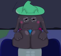 1boy 1girls abs anthro armor big_breasts black_fur black_sclera blue_penis blue_skin blush bovid breasts closed_mouth clothed_male dark_skin deltarune duo erection eyewear female female_focus female_on_top female_ralsei fur furry genderswap genderswap_(mtf) genital_fluids glasses goat hand_on_breast hat headgear horn human interspecies kris_(deltarune) light_skin looking_at_penis lying male male_pov mammal moss nippleless no_nipples paizuri penis pov precum prison ralsei rule_63 scarf sex straight sweat undertale video_games white_pupils