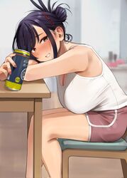 1girls alcohol bangs beer brown_eyes clothed_female drunk female female_focus hair_bun hairclip highres igarashi_kyouhei indoors large_breasts light-skinned_female light_skin looking_at_viewer nail_polish original original_character purple_hair shorts sidelocks sister sitting