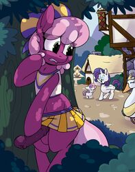 behind_tree bottomless bottomless_skirt cheerilee cheerilee_(mlp) cheerleader cheerleader_uniform friendship_is_magic futanari horsecock huge_cock my_little_pony penis public public_masturbation public_nudity rarity_(mlp) smooth_skin stealth_masturbation sweetie_belle_(mlp) unwanted_erection upskirt