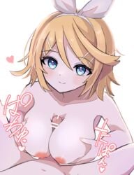 1boy ajimui big_breasts blonde_hair blue_eyes breasts censored female hair_ornament heart heart-shaped_pupils kagamine_rin light-skinned_female light-skinned_male light_skin looking_at_viewer nude_female nude_male paizuri ribbon short_hair smile vocaloid vocaloid_4 white_background