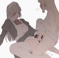 1futa 1girls bangs bar_censor blonde_hair bottomless breasts censored clothed clothing cum cum_on_floor cum_on_lower_body cum_on_pussy dress_lift duo ejaculation female futa_on_female futa_with_female futanari futanari-sama_(mdf_an) garter_belt grey_hair_maid_(mdf_an) handjob human kneeling light-skinned_female light-skinned_futanari light_skin long_hair maid mdf_an on_back orgasm original pale_skin partially_clothed penis pussy spread_legs thighhighs white_hair