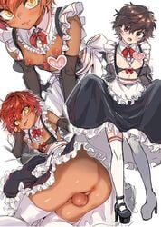 2boys akira_kurusu anus ass balls big_ass black_eyes black_hair bulge femboy feminine_male girly gloves joker_(persona) maid maid_headdress maid_uniform male nipples no_panties original persona persona_5 persona_5_scramble:_the_phantom_strikers presenting_ass prprlo red_hair shadow_self_(persona) short_hair solo testicles thighhighs thighs trap yellow_eyes