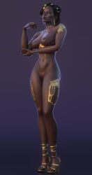 1girls 2022 3d arcane black_female dark_skin gold_(metal) gold_heels gold_jewelry green_eyes high_heels jewelry jewelry_only league_of_legends mel_medarda nipple_piercing open_toe_shoes piercing pinup riot_games solo solo_female solo_focus zentaeron