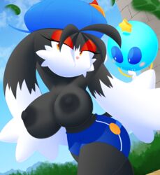 anthro black_fur blush breasts detailed_background edit female hat klonoa klonoa_(series) nipples open_mouth partially_clothed rule_63 saliva slickehedge smile two_tone_fur white_fur yellow_eyes