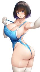 1girls ass bangs black_hair blue_eyes blue_swimsuit blurry bob_cut breasts cleavage clothes_pull collarbone depth_of_field elbow_gloves eyebrows_visible_through_hair female female_focus female_only gloves gradient_hair highres large_breasts looking_at_viewer multicolored_hair oekakizuki one-piece_swimsuit one-piece_thong open_mouth original png purple_hair selfie short_hair sideboob skindentation solo solo_female swimsuit swimsuit_pull thighhighs thighs transparent_background twisted_torso white_legwear