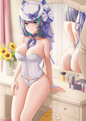 1girls azur_lane blue_eyes blush breasts bustier cat_ears cheshire_(azur_lane) cleavage corset detailed_background female female_only flowers hand_on_thigh indoors large_breasts light-skinned_female manjuu_(azur_lane) mirror reflection thighs two-tone_hair underwear wei_xiao