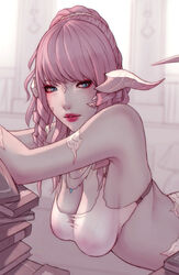 1girls 2019 au_ra bangs blue_eyes blurry_background book_stack bra breasts cleavage closed_mouth drill_hair eyeshadow female female_only final_fantasy final_fantasy_xiv horns jewelry leaning_forward lips long_hair looking_at_viewer makeup medium_breasts necklace nipples pink_hair raen solo soranamae tail underwear