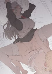 1futa 1girls bar_censor bed big_breasts big_penis blonde_hair blush bottomless breasts censored clenched_teeth clothed clothing dubious_consent duo erection female futa_on_female futanari futanari-sama_(mdf_an) garter_belt garter_straps grey_hair_maid_(mdf_an) high-angle_view human light-skinned_female light-skinned_futanari light_skin lingerie maid mdf_an missionary_position mostly_nude on_back original pale_skin partially_clothed penis pinched_mouth tagme thighhighs vaginal_penetration white_hair yuri